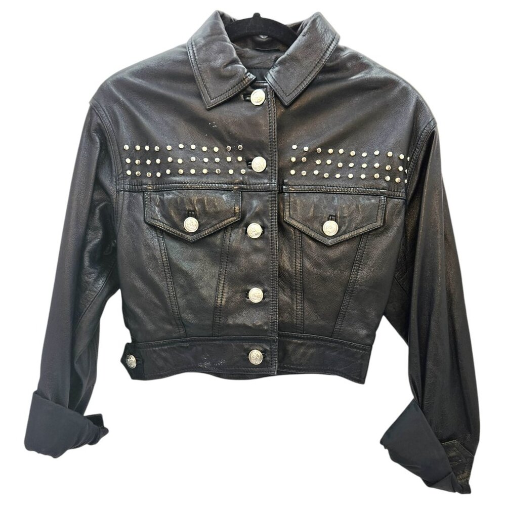 Vintage 90s LIMITED Women's Cropped Black Leather Jacket Stud Detail Size Small